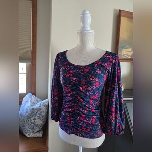 New Draper James Puff Sleeve Top Small Floral Nassau Navy Multi Color Blouse